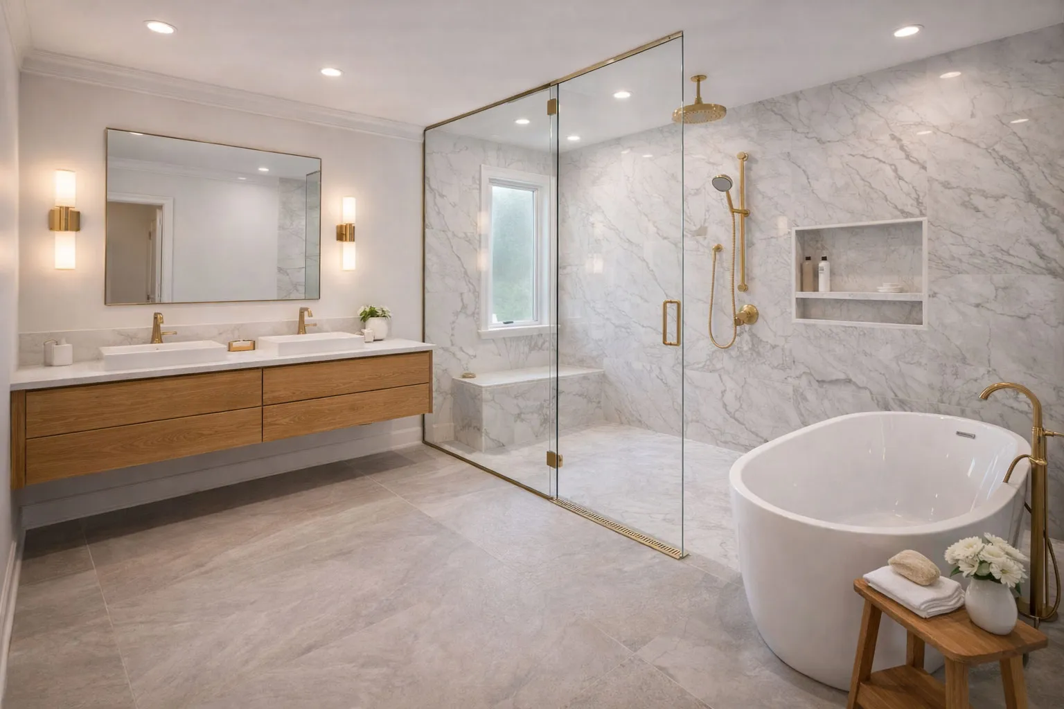 Remodeled bathroom with a marble shower enclosure, freestanding tub and brass fixtures