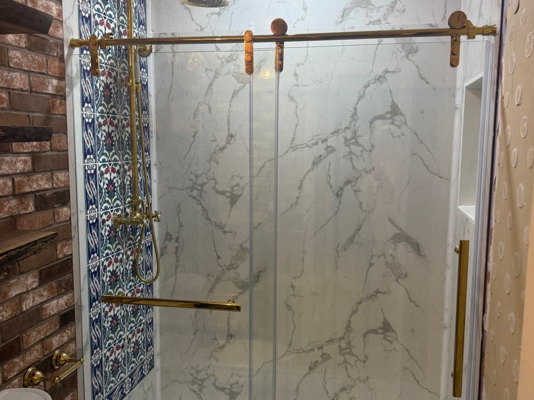 Second view of the completed brick and marble bathroom remodel