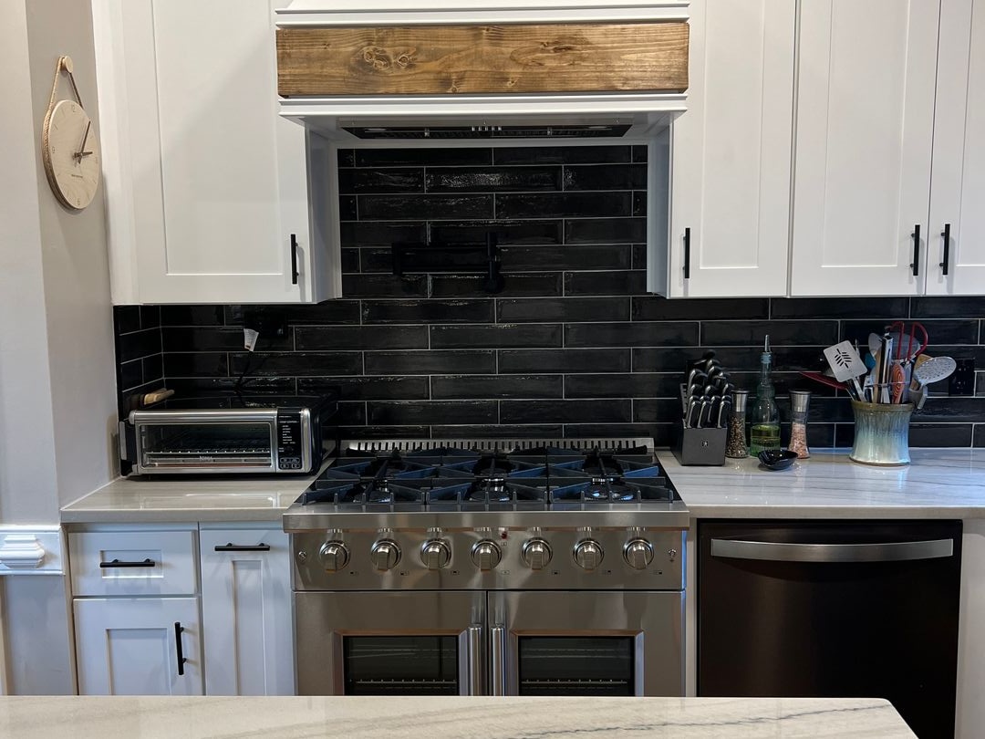 Second view of the completed black and white kitchen remodel